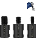 Top Shelf 3 Piece Angle Grinder Thread Adapter Set Swaps Five Eighth Inch 11 Threads For M10 M14 And One Half Twenty Unc showing three black adapters.