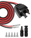 Weatherproof Solar Cable Entry Gland And Junction Box For RVs Boats Campers Vans Homes Garages And Shacks Includes 10ft 10AWG Solar Extension Cable Connector For Easy Install And Durable Outdoor Power Setup showing black junction box and red-black cable with connectors