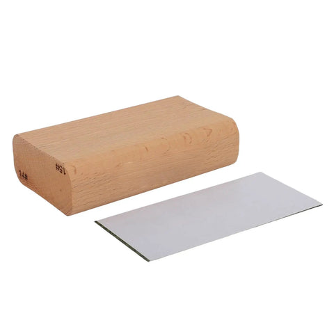 Pro Grade Fretboard Sanding Block For 14 And 15 Inch Radius, Leveling Tool For Luthiers, shown with smooth maple finish and sandpaper.