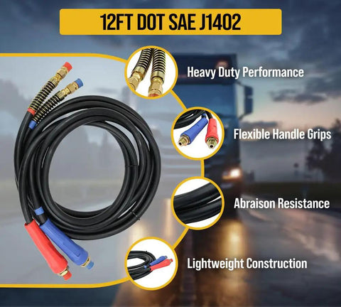 12 Foot Air Line Hose Assembly With Flexible Grips And 1/2 Inch NPT Fittings Red And Blue End Fittings SAE J1402 Type A Rubber Airbrake Hose Dual Lead Set