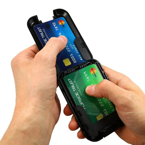 Hands using RFID Blocking 4 Card Wallet With 3 Scan Proof Card Slots For Secure Credit And Debit Cards Slim Durable Travel Friendly