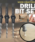 Countersink Drill Bit Set Eleven Sixty Fourth Inch Five Piece With Two Extra Tapered Bits Stop Collar And Hex Wrench For Woodworking Handy For Hand And Electric Drills DIY Ready Great For Wood MDF Plywood And Plastic displayed with bits and stop collar on surface.
