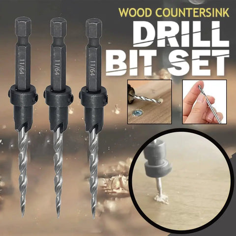 Countersink Drill Bit Set Eleven Sixty Fourth Inch Five Piece With Two Extra Tapered Bits Stop Collar And Hex Wrench For Woodworking Handy For Hand And Electric Drills DIY Ready Great For Wood MDF Plywood And Plastic displayed with bits and stop collar on surface.