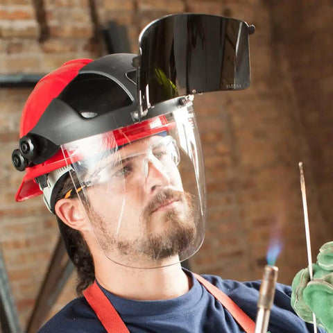 Man wearing Universal Slot Adapter Safety Face Shield For Plasma And Flame Cutting And Grinding, red hard hat, indoors.