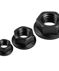 M6 X 1.0 Black Zinc Flange Nuts 25 Pack, three sizes of heavy duty black zinc coated flange nuts for automotive projects.