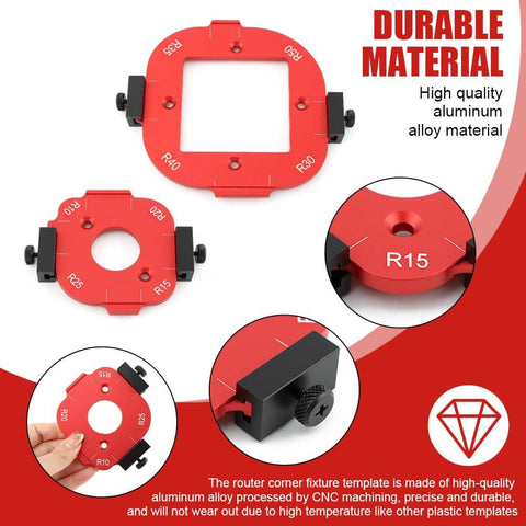 Pro Grade Aluminum Router Corner Radius Template Set With Eight Radius Sizes R10 To R50 for DIY woodworking displayed on white background