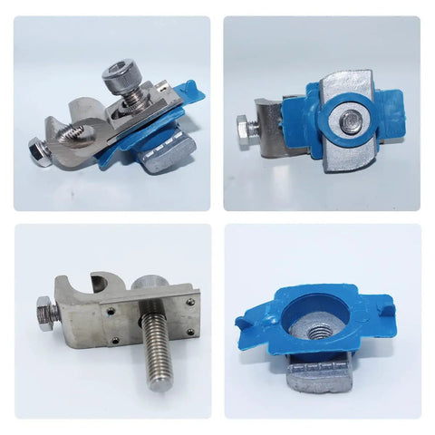 No Sweat Solar Panel Grounding Lug With Bolt On Cable Clamp and Heavy Duty Nuts for C Channel Steel Guide Rail, blue and silver, heavy-duty design.
