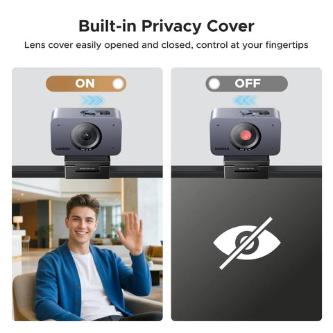 Next Level 4K Webcam Works Like a Dream With Super Crisp 60 FPS Output For PCs And Macs showing privacy cover feature open and closed.