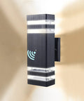 Two Pack Dusk To Dawn Outdoor Wall Lights Up Down Exterior Fixtures Black Aluminum Waterproof Photocell Porch Patio Garage Lighting For Front Porch Uses Two GU10 Bulbs, mounted view