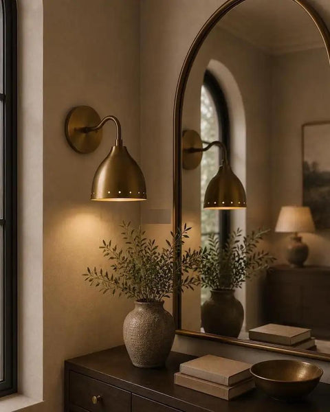 Mid Century Modern Brass Wall Sconces Set of 2, wall light fixtures illuminating a stylish room with plants and decor.