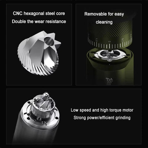 Close-up of CNC hexagonal steel core and removable parts of the electric coffee grinder for easy cleaning.
