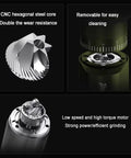 Premium Electric Coffee Grinder Featuring Game Changing Stepless Conical Burr Mill For Espresso And Pour Over Brewing Crafted With Reliable Stainless Steel Burrs And A Secure Magnetic Lid For Smooth Daily Grind Sessions close-up of CNC hexagonal steel core and removable grinding mechanism