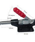 Heavy Duty Push Pull Toggle Clamp Locks Down Tight With A Hefty 500 Pound Rock Solid Grip Quick Release Lever, with red handle.