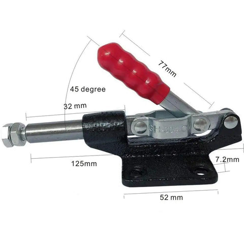 Heavy Duty Push Pull Toggle Clamp Locks Down Tight With A Hefty 500 Pound Rock Solid Grip Quick Release Lever, with red handle.