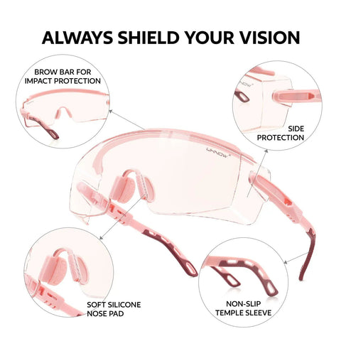 Pink OTG Safety Goggles That Fit Over Prescription Glasses, Anti Fog, ANSI Z87.1 Certified with side protection and silicone nose pad.