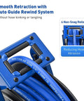 Heavy Duty Auto Retractable Air Hose Reel 3/8X75Ft Hybrid Build With 300Psi Max Pressure showing auto guide rewind system.
