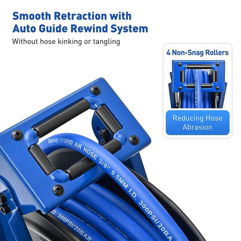 Heavy Duty Auto Retractable Air Hose Reel 3/8X75Ft Hybrid Build With 300Psi Max Pressure showing auto guide rewind system.