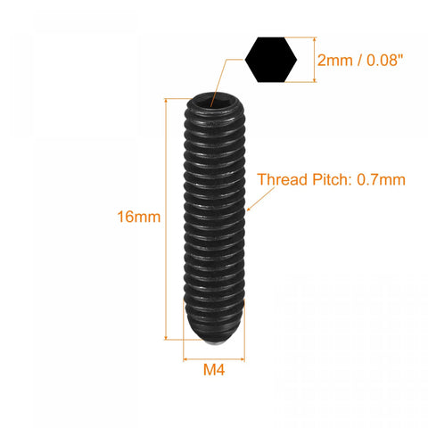 Heavy Duty Ball Point Set Screws M4 X 16mm High Carbon Steel Metric Spring Grub Screws with detailed dimensions.