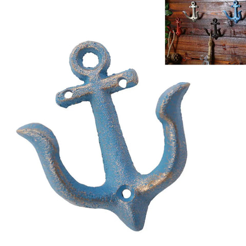 Vintage Rustic Cast Iron Nautical Anchor Wall Hooks Built Tough Real Heavy Duty Coat And Bath Towel Hanger With Quick Install Screws For Household Spaces, blue metal anchor hook detail.