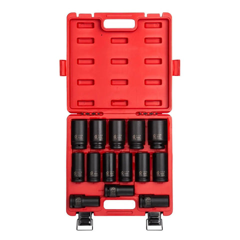 Beefy 14 Piece Deep Impact Socket Set For Three Quarter To One And Five Eighths Inch Drive In SAE CrMo Alloy Steel in red case