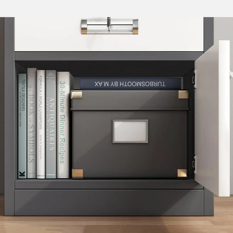 Sturdy Metal Filing Cabinet With Lock And Adjustable Shelves And Drawers For Home Office Storage under desk with books and files.