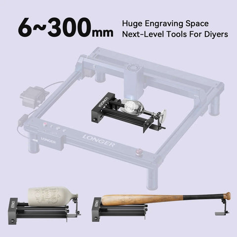 Longer laser engraver rotary roller with bracket; 360° rotation for cylinders; bottle and bat (2 items).