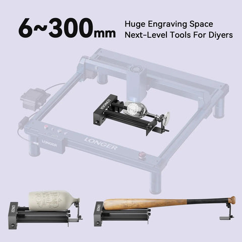 High Performance 360 Rotary Attachment For Laser Engraver with large engraving space for various tubular jobs including bottles and bats.