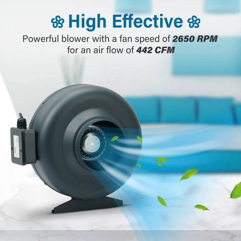6 Inch Inline Duct Fan Upgrade Beefed Up High Flow 442 CFM 550 Pa Wind Pressure, showing air movement with leaves