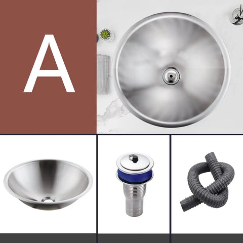 Slick Gold Polish 304 Stainless Steel Round Vessel Sink Built Different Undercounter Basin Scratch Resistant Single Bowl Lavatory Top view with drain and accessories.