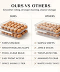 Comparison of stackable fridge egg dispenser with rolling auto dispense holds 36 eggs versus another brand's dispenser.