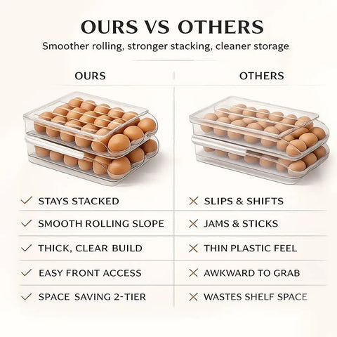 Comparison of stackable fridge egg dispenser with rolling auto dispense holds 36 eggs versus another brand's dispenser.