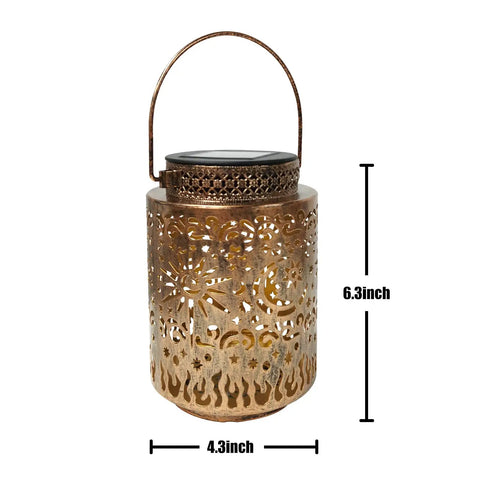 Close-up of 2 Pack Outdoor Solar Lanterns With Hanging Lights Waterproof Metal Sun Moon Star Pattern In Gold Finish Patio Porch Yard Backyard Table Garden Decor Solar Powered Garden Lights For Warm Ambience