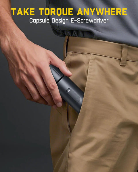 Person holding Capsule Cordless Screwdriver All In One Kit With High Torque, Ultra Compact 150mm Design, Portable Electric Screwdriver.