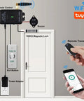 Diagram of WiFi Tuya Access Control Magnetic Door Lock Kit With Remote And App Control, showing components and functionality.