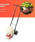 Manual Garden Seeder Hand Push Planter With 7 Nozzles, durable iron and ABS, shown in use and close-up on an orange background.