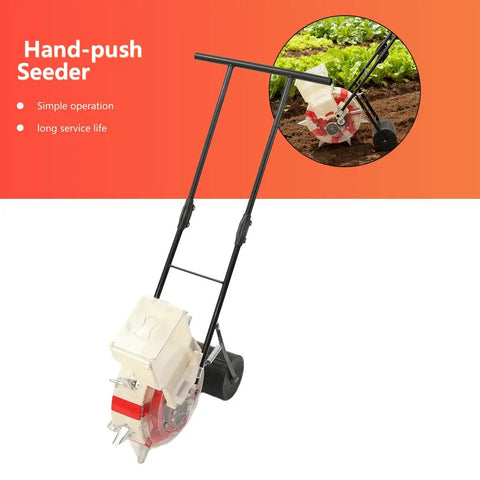 Manual Garden Seeder Hand Push Planter With 7 Nozzles, durable iron and ABS, shown in use and close-up on an orange background.