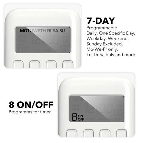 Indoor Digital Timer Outlet With Eight On Off Programs For Lamps And Fans No Brainer Easy Setup Simple Single Outlet 3 Prong Plug In Timer Seven Day Programmable Light Switch 15 Amp 1875 Watt ETL Listed