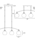 Dimensions diagram of Industrial Farmhouse Island Light With Clear Glass Globe Shades 34 Inch Four Light Modern Linear Pendant Fixture