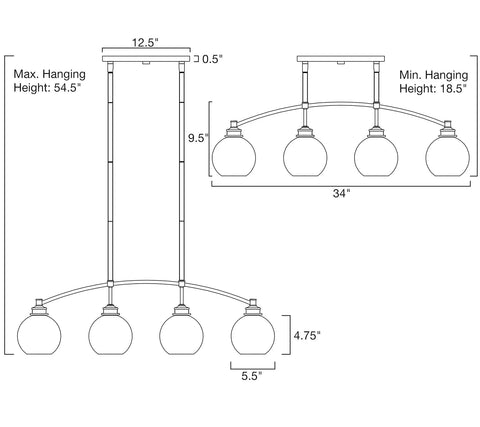 Dimensions diagram of Industrial Farmhouse Island Light With Clear Glass Globe Shades 34 Inch Four Light Modern Linear Pendant Fixture