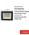 AOTTSD Outdoor LED Floodlight 50W 100W 200W, IP66 Waterproof Super Bright (4000K,100W) with specifications and dimensions.