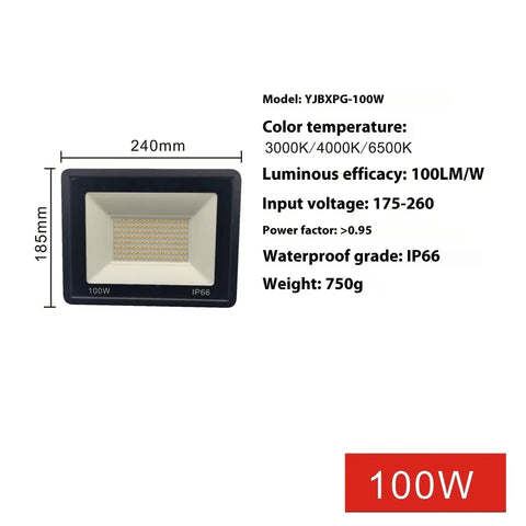 AOTTSD Outdoor LED Floodlight 50W 100W 200W, IP66 Waterproof Super Bright (4000K,100W) with specifications and dimensions.