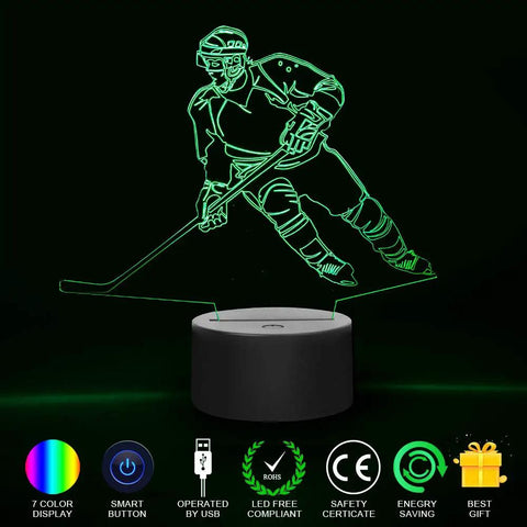 Hockey Player 3D Night Lamp With 7 LED Color Changing Lights, Touch Desk Light For Kids and Sports Fans, green display