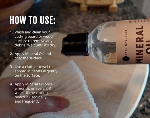 Applying Real Deal Food Grade Mineral Oil For Cutting Boards Includes A Wax Applicator to a cutting board with a cloth.