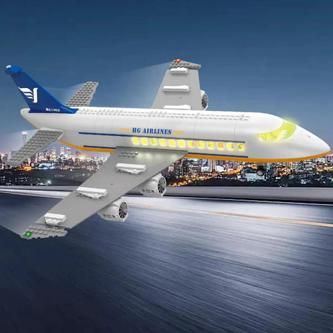 Epic City Passenger Airplane Building Set With LED Lights 901 Pieces Plane Construction Kit flying over cityscape model