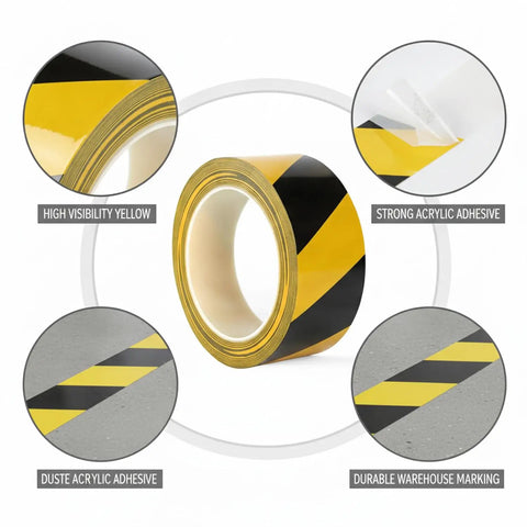 Top Shelf Yellow Floor Marker Tape With Hell Yeah Adhesion For Concrete And Epoxy Surfaces, showcasing high visibility yellow and strong adhesive.