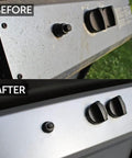 Before and after cleaning grill knobs with Plant Based BBQ Grill Cleaner Oil For Grates And Grills 8 Oz Vegan Safe Solvent Free Formula