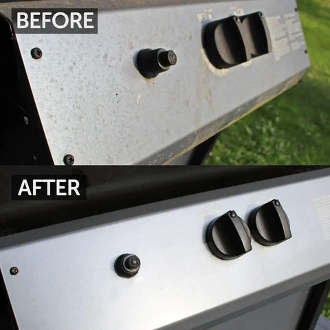 Before and after cleaning grill knobs with Plant Based BBQ Grill Cleaner Oil For Grates And Grills 8 Oz Vegan Safe Solvent Free Formula