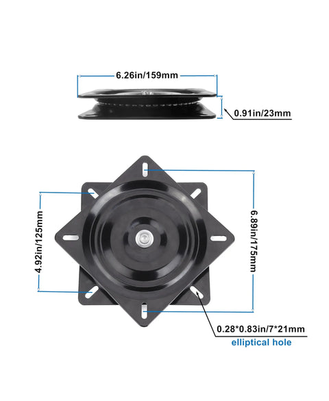 Heavy Duty Bar Stool Swivel Replacement Plate With Full Ball Bearings For Recliner Chairs And Square Bar Stools, top and side view with measurements.