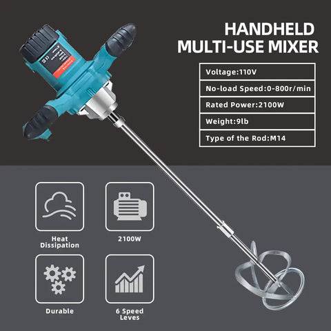 Image of Powerful 2100W Portable Concrete Mixer With Six Speed Settings, showing handheld design, durable steel rod, and control features.