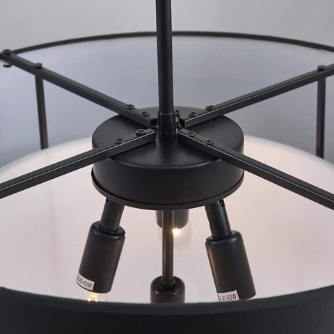 Close-up view of 4 Light Dope Modern Black Fabric Chandelier For Dining Room Farmhouse Drum Style Pendant Light Fixture
